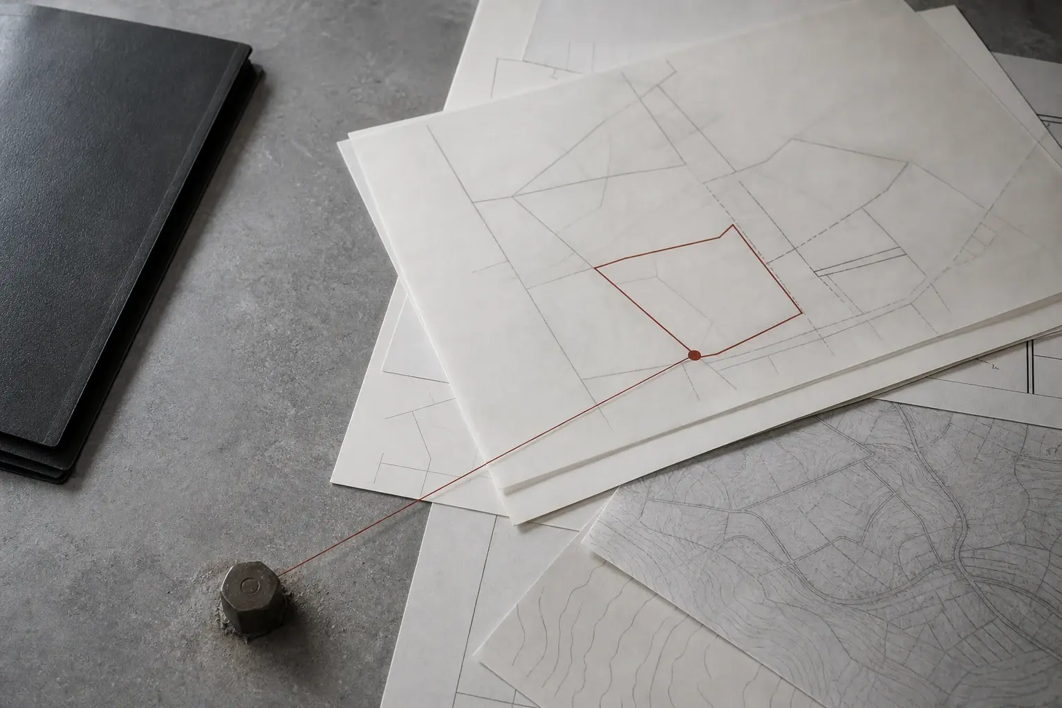 Composition illustrative de plans anonymes, d’une limite tracée et d’un repère foncier